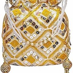 Designer Embroidered Potli Bag for Women – Golden Sequin Wedding Clutch with Pearl Handle – Ethnic Bridal Purse for Parties-16