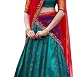 Women's Indian Traditional Unstitched Kanjivaram Silk Lehenga Choli Along With Dupatta Attach With Unstitch Blouse Piece, Half Saree (HT057 HALF SAREE NB RANI SILVER KERI)-picture-2