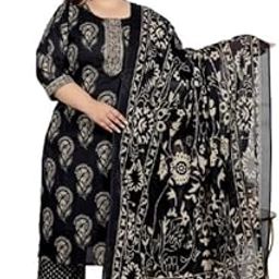 Plus Size Floral Print Pure Cotton Straight Kurta, Dupatta & Pant Set Black-image-50