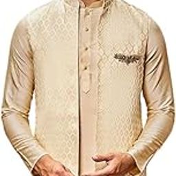 Men's Nehru Jacket, Off White Silk Blend, Woven Design Regular Fit Mandarin Collar Sleeveless-picture-4