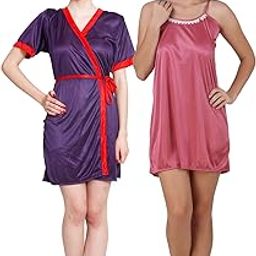 Multi Color Satin Short Robe & Nighty Set - Pack of 2-90