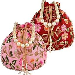 Kuber Industries Potli|Silk Wedding Potli|Christmas Gift Potli|Baby Shower Potli|Traditional Shagun Potli|Drawstring with Beads Handle Potli|New Flower Embroidery Potli|Pack of 2|Multi-15