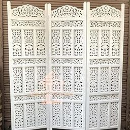 Wooden Room Divider Partition - Foldable Wood Screen Separator for Living Room, Bedroom, Office, Restaurant || Kangra Badrun Design, White (3 Panel with Stand)-image-81
