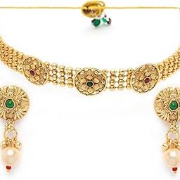 Lavish Gold Plated Floral AD Stone Studded Choker Necklace Set with Drop Earring Jewellery for Women & Girls|NS107086-image-15