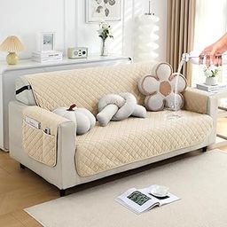 HOKIPO polyester Water Repellent + Waterproof Quick Dry Sofa Cover Mat for 3 Seater Sofa with Pockets on Armrest Cover - Beige (AR-5206-BGE)-image-29