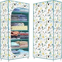 ClearSpace Collapsible Wardrobe Printed Cover 6 Shelves Storage Clothes Storage Rack -Great Kitchen Storage QuickWardrobe CabinetStorage Rack Foldable Collapsible (White Dinosaur, 6 - Lyer)-image-94