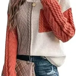 mastyle Women's Patchwork Pullover Sweater Long Sleeve Crew Neck Knitted Top with Pocket-picture-41
