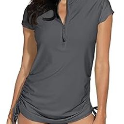 Womens Swimming Tops UV Protection Surf Suit Short Sleeve Swim Tops UPF 50+ Rash Guard 2XL Gray-image-7