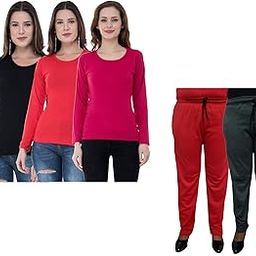 IndiWeaves Women Winter Wear Solid Cotton Full Sleeves T-Shirt and Fleece Warm Lower/Track Pants (Black,Red,Magenta,Red,Drak Grey, 40-XL) Pack of 5-image-69