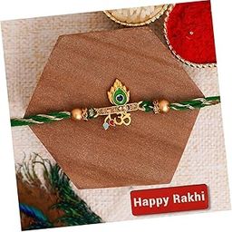 eCraftIndia Green & Golden Om & Peacock Feather Religious Designer Rakhi with Roli Chawal Pack and Best Bro Ever Fridge Magnet - Rakhi for Brother, Bhaiya, Bhai-image-38