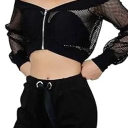 Women’s Mesh Crop Off-Shoulder Sheer Jacket with Long Sleeve Zip-Up Sexy Trendy Clubwear Crop Top Stylish for Women–Summer Outerwear, Black, L-image-35