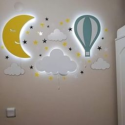 Kids Wall Light Baby Wooden LED Night Lamp Children Room Decor Set of 1 Balloon 1 Cloud 1 Moon (Multicolour)-14