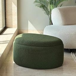 DUEX FURNITURE Olive?Green Pebble Storage Ottoman ? Sculpted Bouclé Footstool & Accent Seat with Hidden Compartment | Multipurpose Seating & Footrest with Plush Comfort-image-19