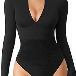 Womens Long Sleeve Tummy Control Turtleneck Zipper Seamless Ribbed Thong Bodysuit-image-20