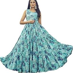 Rayon Gown for Women | Full Length | Printed | Fit & Flare | Sleevesless | Round Neck | Stylish | Ethenic Dress | Ideal for Casual, Wedding & Party Occassions | Sea Green-image-16