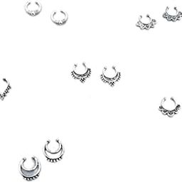 Faux Septum Rings Set, Non-Piercing Nose Clips, Antique Silver Tribal Design, 5 Pairs-image-32
