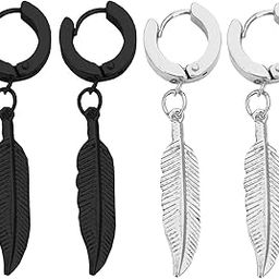 Adhvik (2 Pair) CMB7845 Multicolor Trendy Round Shaped Press Screw Pierced Style Clip On Metal Barbell Earring Hoop Stud Bali With Hanging Feather/Leaf For Men And Women-image-87