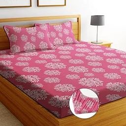Soniasaa® Premium Polycotton Elastic Fitted Bedsheet with 2 Pillow Covers for Double Bed with All Around Elastic 175 TC Supersoft | Size - 72x78 Fit Upto 6 Inches Mattress Color Pink-0