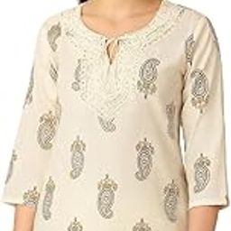 Women's Cream Cotton Top with Paisley Print, Embroidered Neckline, 3/4 Sleeves-image-21