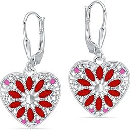 925 Sterling Silver Heart Leverback Earrings for Women | BIS Hallmarked Rhodium-Plated Diamond-Cut Filigree Heart Enamel Drop Dangle Earrings | Engraved Floral Design Jewelry Gift for Her 32MM-image-11