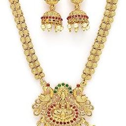 Gold Plated Pearl Studded Laxmi Mata Temple Jewellery Set for Women-image-61