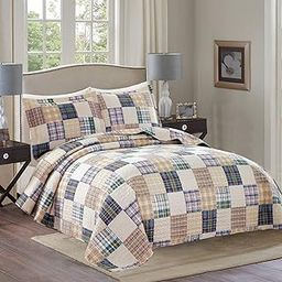 Ycosy Beige Plaid Quilt Set King Size Patchwork Quilts Bedding Plaid Reversible Bedspread Coverlet Soft Lightweight Bed Cover Set All Season,1 Quilt 2 Pillow Shams-image-38