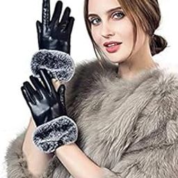 Women's and Girl's Finix PU Warm Gloves Rabbit Fur Wrist Mittens (Black; Free Size)-image-35