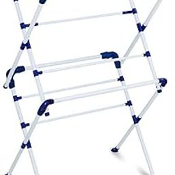 Alluring Homz Sumo Large Clothes Stand for Drying |2 Layer Rack for Balcony |13 Hanger Rods and 10 Additional Hooks |Anti Rust Steel Metal (94D x 66W x 149H cm) (White Blue | Sumo)-7