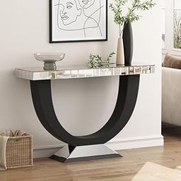 BUNGALOW MERCER U-Shaped Mirrored Console Table – Modern Glam Entryway Table with Black Base & Crystal Accents (47x13x31inch)-image-88