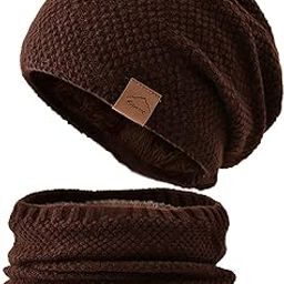 Winter Beanie Hats Scarf Set Warm Thick Soft Knit Hat Fashion Cable Ski Skull Cap with Fleece Lining for Women Men-91