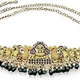 antique jewellery Traditional Gold-Plated Kamarbandh, Lakshmi Design, Green Beads and Pearl Details, 99 cm Length-picture-39