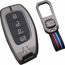 STYLEOBJECTS Metal Car Key Cover with Keychain Compatible With Hyundai Creta 2024 & Alcazar Luxury Waterproof Soft Silicon Car Key Shell & Full Protection 4 Button Metal Smart Car Key Cover-1