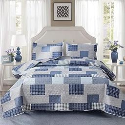 Green Essen Plaid Quilt King Size Blue White Lightweight Patchwork Bedspread Soft Breathable Check Quilts Gingham Bedding Checker Pattern Coverlet Bed Cover Set Geometric Home Decor-7
