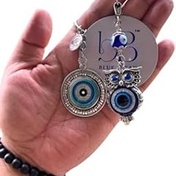 BLUE BEADS Silver and Blue Color Evil Eye Round and Owl Keychain For Bike/Car Gifting With Key Ring Anti-Rust (Pack of 2)-32