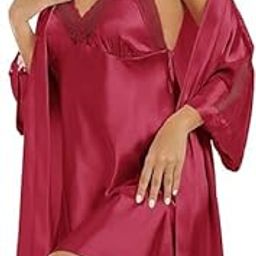 Women's- 2 Pc Hot & Sexy Nightwear Set- Satin - Sexy Lace Chemise with Kimono Robe (Nude Peach, Free Size)-picture-56