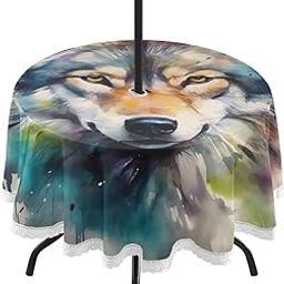 Wajiw 60 Inch Indoor Outdoor Round Tablecloth with Umbrella Hole and Zipper Waterproof Patio Table Cover for Camping Dining Room Party Outdoor Picnic,Wolf-image-68