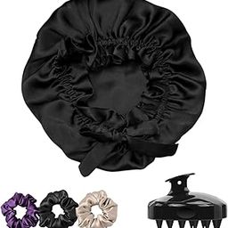 Attune® Silk Satin Hair Bonnet Reversible Satin bonnet with adjustable tie band wrap Satin Wrap Silk bonnet hair with Hair Scalp Massager Shampoo Brush and scrunchies (Black)-image-72
