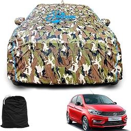 GARREGE® Waterproof Car Body Cover Compatible for Tata Tiago with Mirror Pocket and Antenna Pocket, Triple Stitched (Dynamite Jungle Print with Blue Piping Design)-44