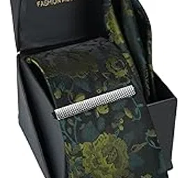 axlon Tie for Men – Self Silk Neck Ties Set with Cufflinks Flower Pin, Pocket Square & Black Gift Box, Combo Necktie Sets for Office Wear, Formal Suits & Weddings (Forest Green, NXSMX_120)-picture-8