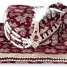 Men Cotton Blend Printed Groom's Safa Shawl Stole Set, Wedding Safa, Groom Pagri with Stole (Maroon)-37