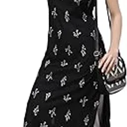 sak jaipur Women Printed Rayon Sleeveless Round Neck Calf Length Straight Kurta (Black-P)-picture-1
