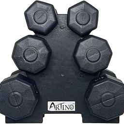 Artino 12kg Hexa Dumbbell Workout Weight Set Including Stand - PVC Coated Exercise & Fitness Fixed Dumbbell for Women, Men(1+2+3 kg Pair) (12 KG Set With Stand) Black-image-56
