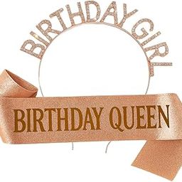 Wanna Party Crystal Rhinestone Birthday Girl Tiara Headband with Birthday Queen Birthday Girl Sash - Rose Gold-image-35