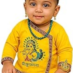 Krishna Dress for Baby Kids – Janmashtami Costume Set of 5 Items | Yellow Cotton Dhoti Kurta, Bansuri, Mor Pankh Mukut, Bandhni Patka | Comfortable Traditional Outfit-image-48