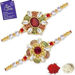 Rakhi Classy Kundan Rakhi Combo & Designer Gold Plated Premium Rakhi for Brother, Roli Chawal & Greeting Card|Rakhi for Bhaiya|Rakhi for MEN|Kundan Rakhi|Rakhi Combo-Set of 2 |CBRAK104551-image-5