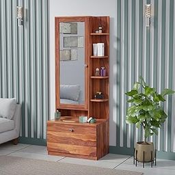 BAGARI ARTS Wooden Dressing Table for Bedroom with 2 Drawer, Mirror and Huge Storage Space | Long Dresser Vanity Table with Mirror (Honey Brown)-image-43
