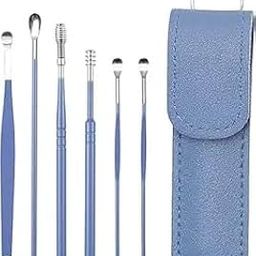6 Pcs Ear Wax Cleaner - Resuable Steel Ear Cleaner Tool Set with Storage Leather Pouch (Blue)-PACK OF-1 (blue earpicker set)-image-58