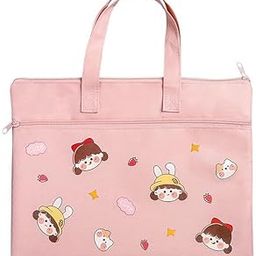 FlyerHigh Womens Light Pink Office Document Student Canvas Tuition Bag Notebook Tote Cute Cartoon Printed Folder Stationery for Boys Girls (Light Pink Bag)-image-48