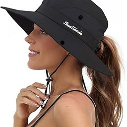 Black Sunshade Round Crown Hat Sun Visor Hats for Women Wide Brim Summer Ponytail Cap for Girls Sun & UV Protection Breathable Casual Beach Safari Hat for Female-image-14