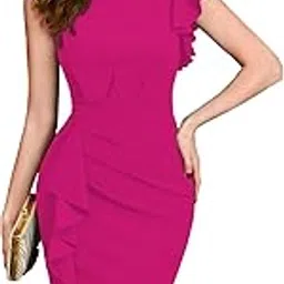 shasmi Girl's & Women's Asymmetrical Sleeve Ruffle Trim Cocktail Party Fitted One Piece Knee Length Midi Dress for Women Stylish Dresses (Midi 169)-picture-17